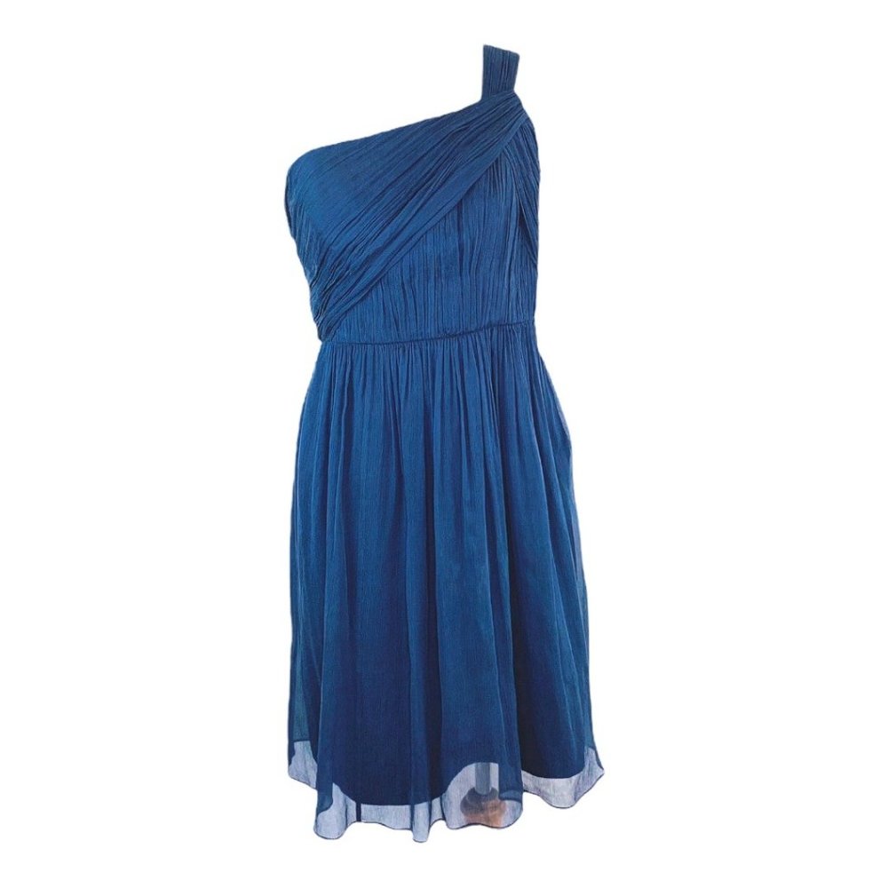 Amsale One Shoulder Party Cocktail Silk Navy Dress 4 Bridesmaid Wedding Guest - Picture 2 of 13